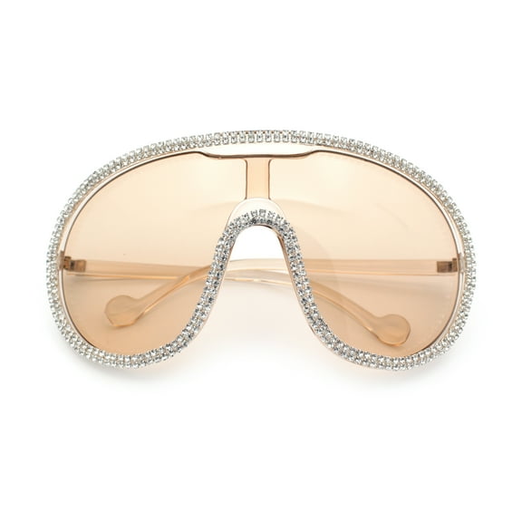 Bling Rhinestone Rim Luxury XL Oversize Shield Racer Plastic Sunglasses All Beige