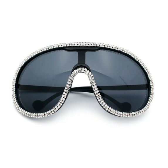 Bling Rhinestone Rim Luxury XL Oversize Shield Racer Plastic Sunglasses All Black
