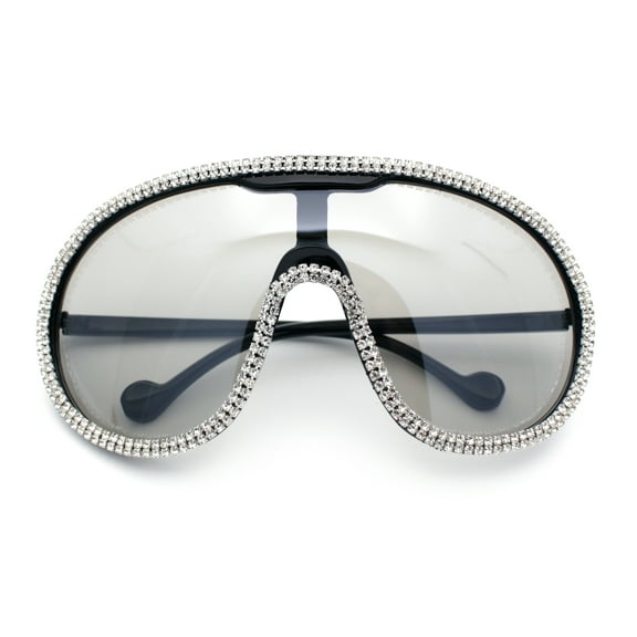 Bling Rhinestone Rim Luxury XL Oversize Shield Racer Plastic Sunglasses Black - Grey