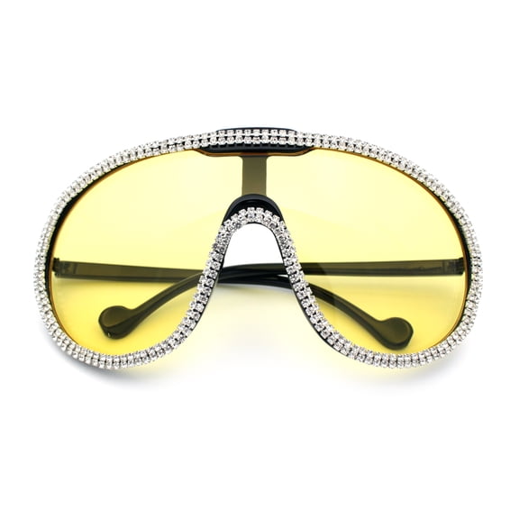 Bling Rhinestone Rim Luxury XL Oversize Shield Racer Plastic Sunglasses Black - Yellow