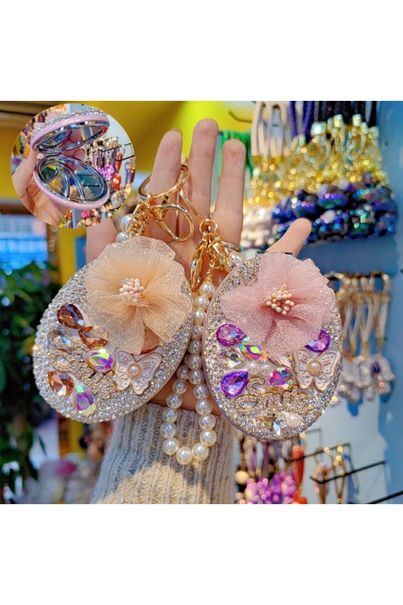 Bling Rhinestone Round Pocket Mirror with Metal Keychain Folding Double-Sided Makeup Mirror Bead String Charm for Purse Handbag Wallet Travel