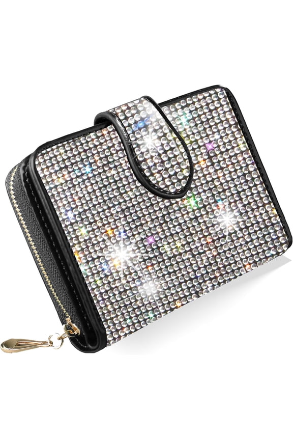 Bling Rhinestone Small Womens Wallet Clutch Artificial Diamond Purse Credit Card ID Coin Holder W/Zipper Silver/White