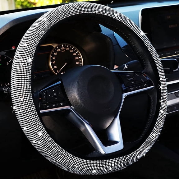 Bling Rhinestone Steering Wheel Cover 14.515in Anti-Slip Protector for Women Car SUV White