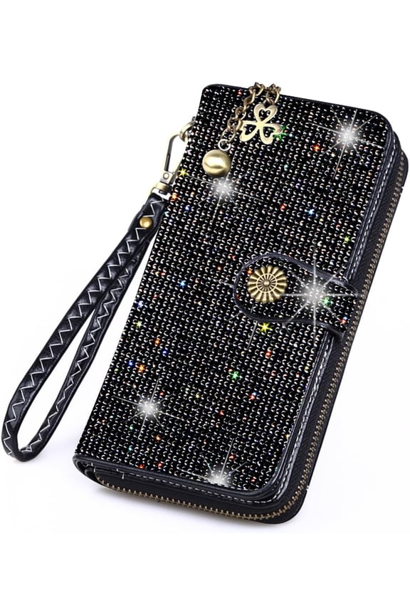 Bling Rhinestone Womens Wallet Wristlet Clutch Handbags Sunflower Lucky Purse Credit Card Holder Large Capacity