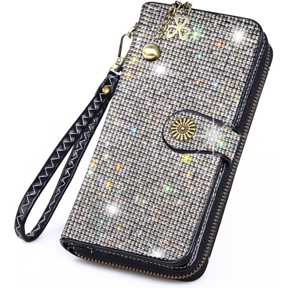 Bling Rhinestone Womens Wallet Wristlet Clutch Handbags Sunflower Lucky Purse Credit Card Holder Large Capacity