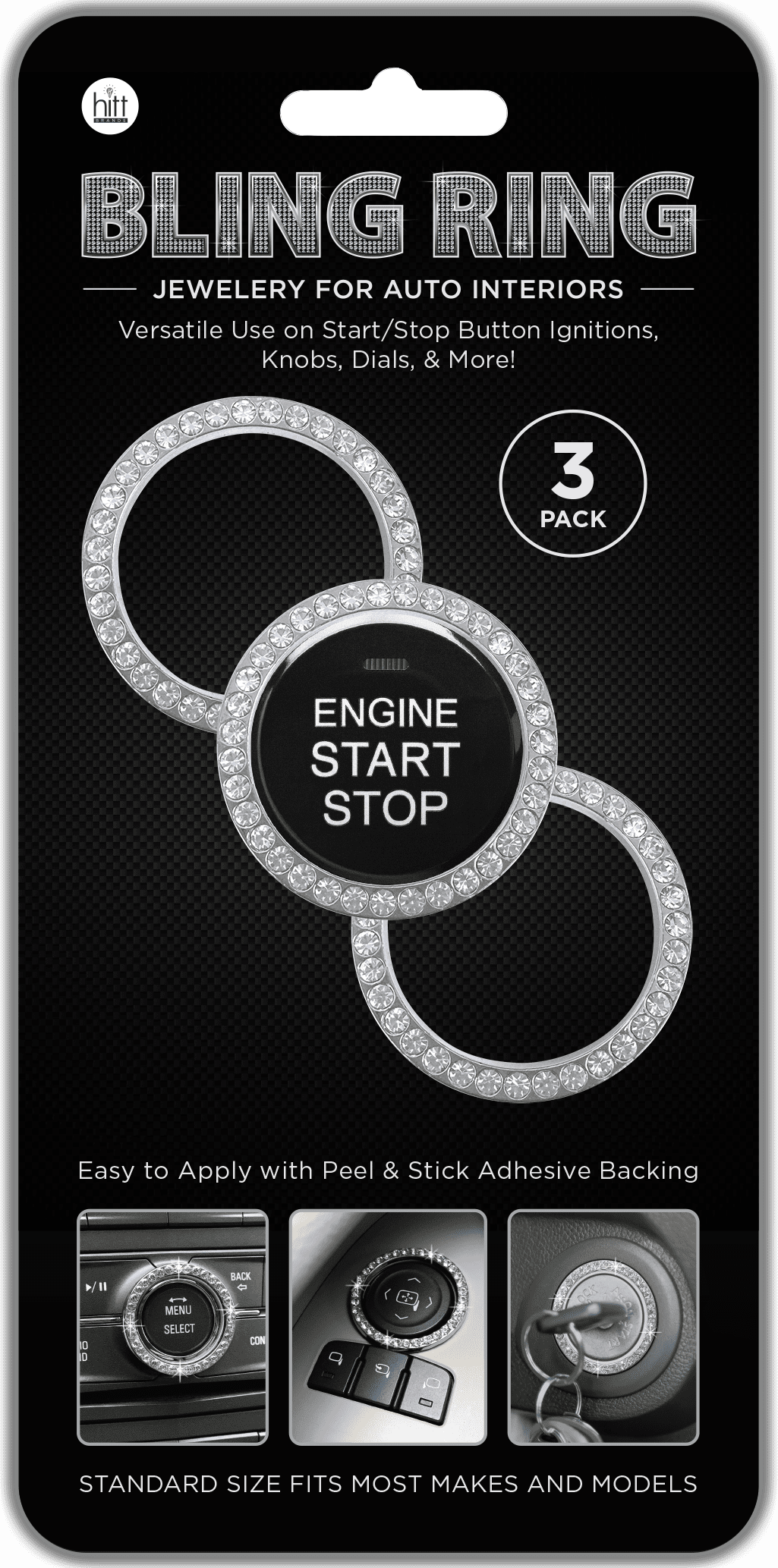 Bling Ring Auto Interior Jewelry Applies to Most Vehicle Interiors - 3 Pack