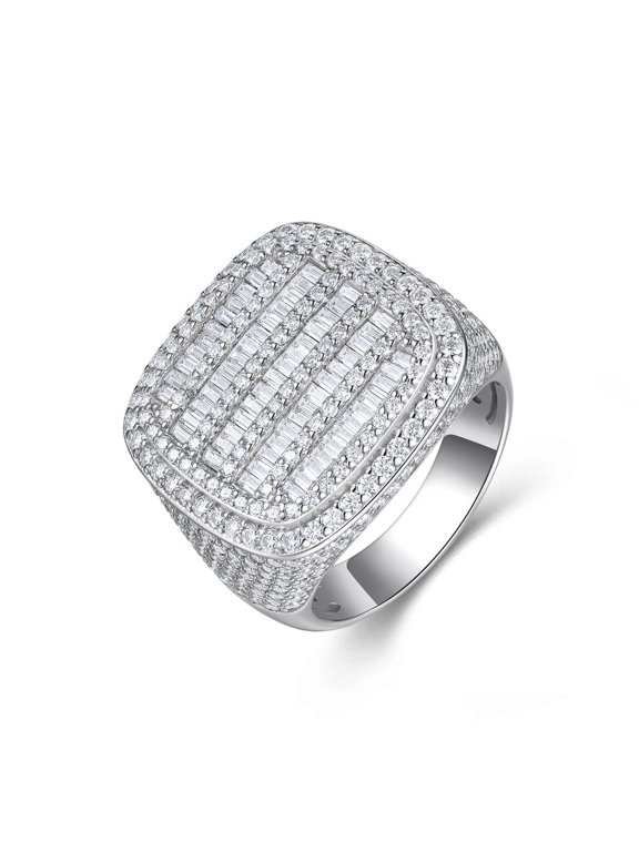 Bling Round & Baguette Shape Moissanite Rings for Men 925 Sterling Silver Micro Pave Engagement Wedding Ring D Color VVS1 Men's Diamond Ring Size 8-12