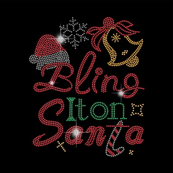 Bling It on Santa Bling Rhinestone Transfers Patches Iron on Hotfix Transfer Christmas Bell Decal Gorgeous Heat Transfer Applique Christmas Decorative Designs for DIY handcrafting