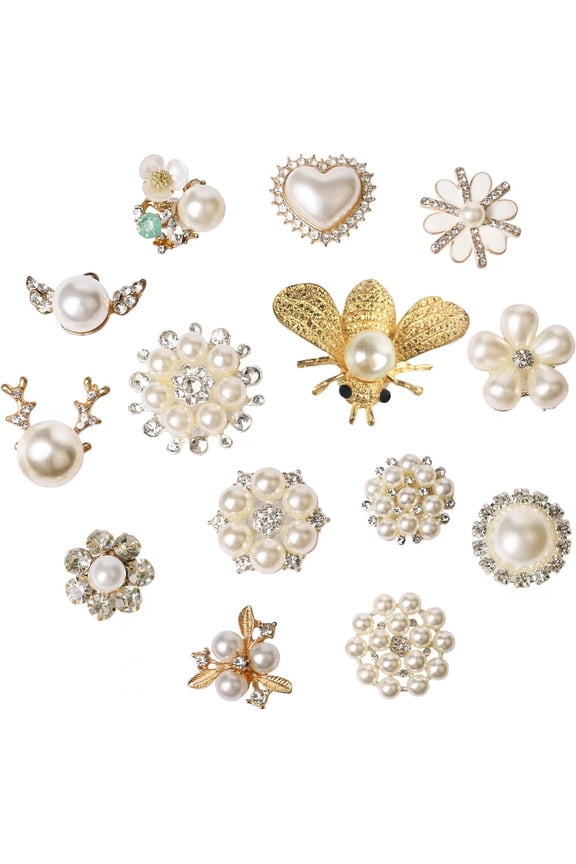 Bling Shoe Charms for Girls Women - Girly Gold Shoe Charms for Clog Sandals, 14 PCS Glitter Pearl Flower Shoes Decoration Bulk, Shoes Chains Pins Charm Accessories