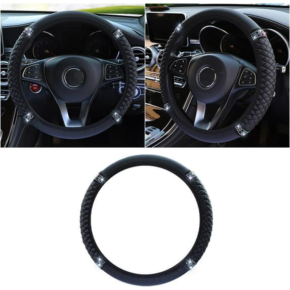 Bling Soft Leather Steering Wheel Cover, 15 Inch Colorful Rhinestones Auto Elastic Protector with Crystal Diamond for Women Girls, Car Accessories for Most Cars, SUVs (Black)
