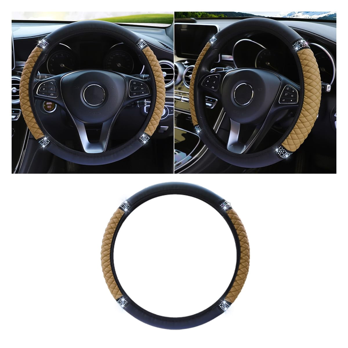 Bling Soft Leather Steering Wheel Cover, 15 Inch Colorful Rhinestones Auto Elastic Protector with Crystal Diamond for Women Girls, Car Accessories for Most Cars, SUVs (Pink)