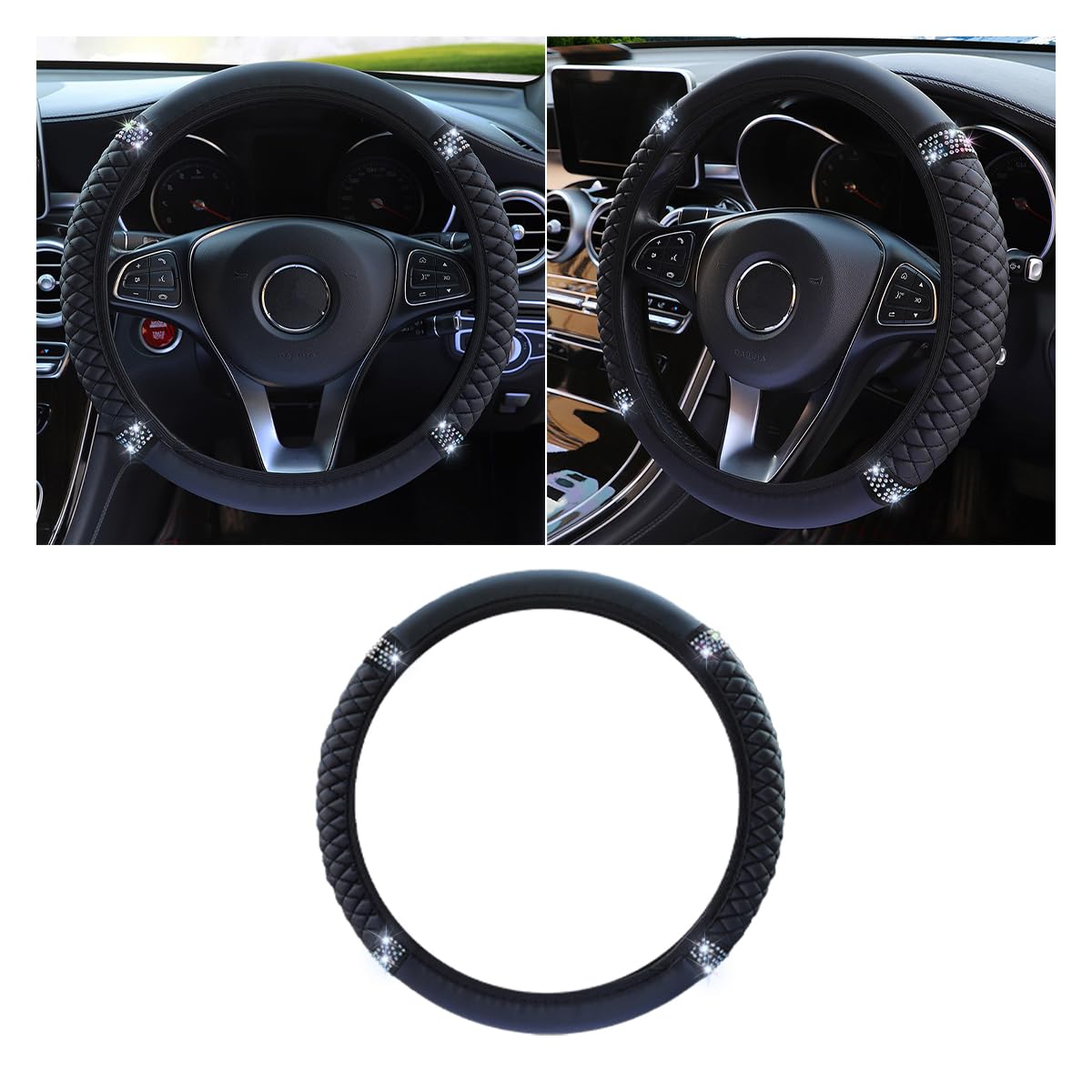 Bling Soft Leather Steering Wheel Cover, 15 Inch Colorful Rhinestones Auto Elastic Protector with Crystal Diamond for Women Girls, Car Accessories for Most Cars, SUVs (Pink)