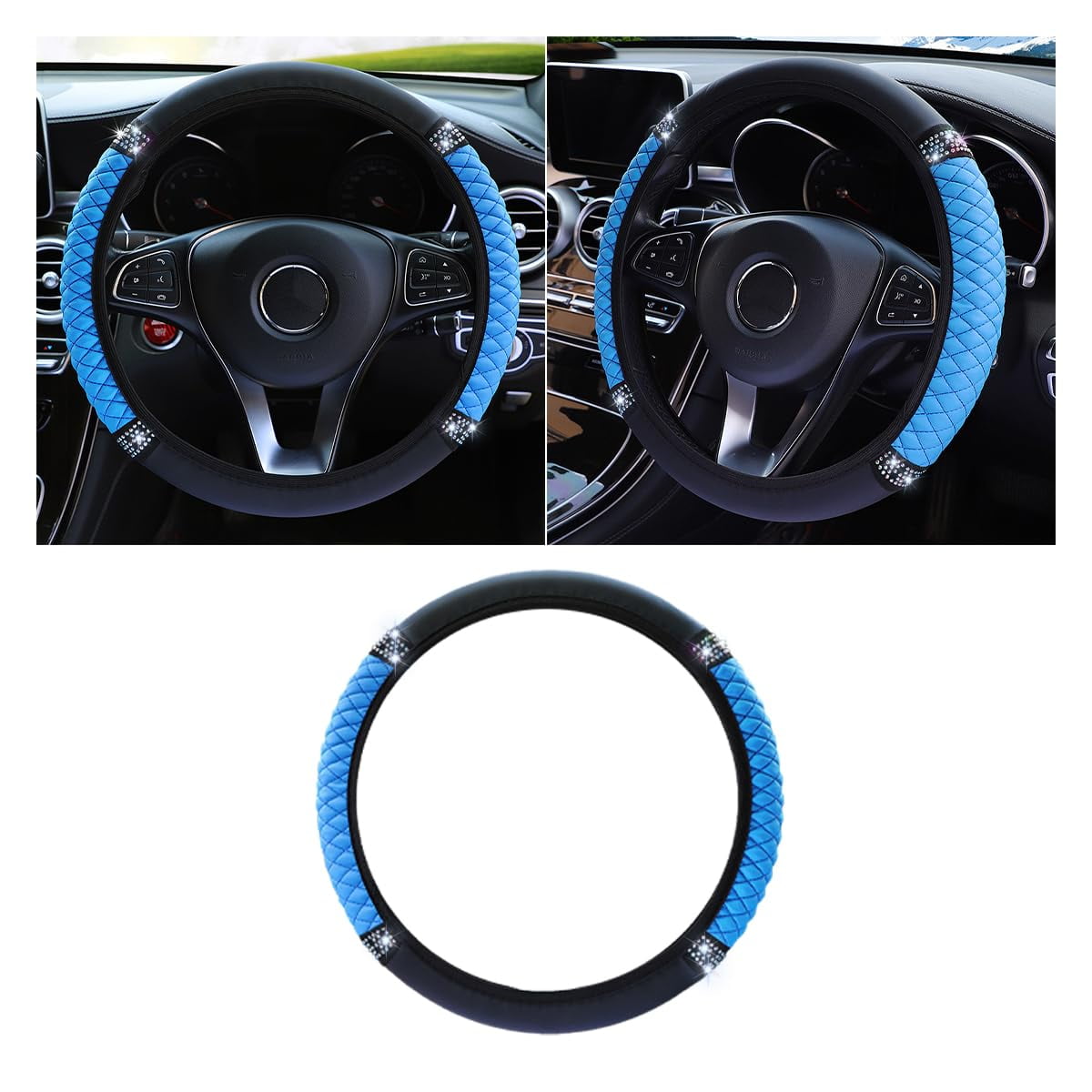 Bling Soft Leather Steering Wheel Cover, 15 Inch Colorful Rhinestones Auto Elastic Protector with Crystal Diamond for Women Girls, Car Accessories for Most Cars, SUVs (Pink)