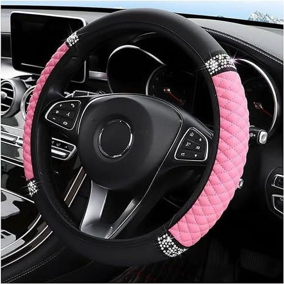 Bling Soft Leather Steering Wheel Cover, 15 Inch Colorful Rhinestones Auto Elastic Steering Wheel Protector, Sparkly Crystal Diamond for Women Girls, Car Interior Accessories