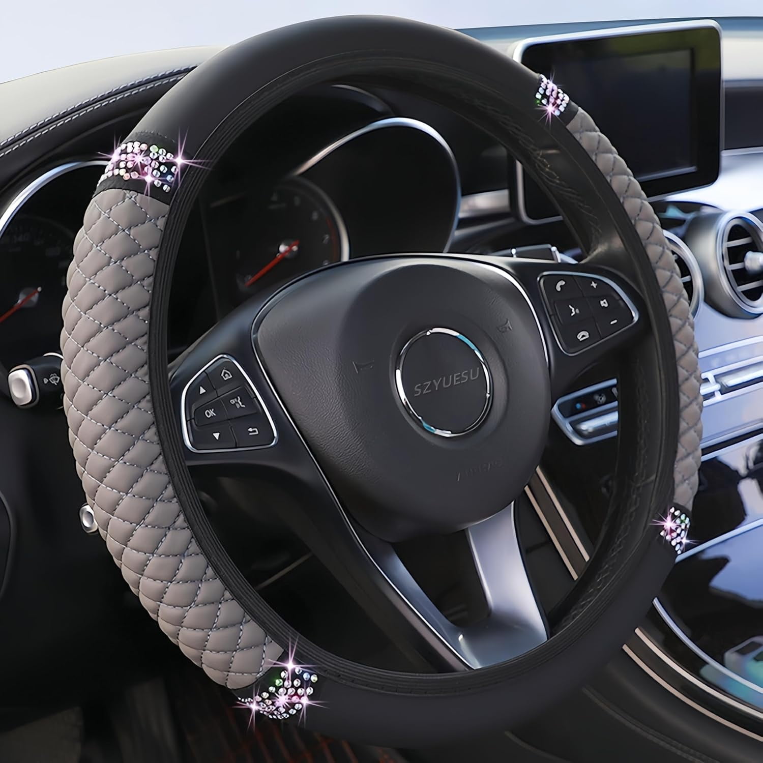 Bling Soft Leather Steering Wheel Cover 15 Inch with Sparkly Diamond Rhinestones for Women and Girls – Elastic Car Accessory for Most Cars (Gray)