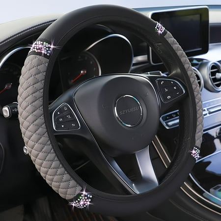 Bling Soft Leather Steering Wheel Cover 15 Inch with Sparkly Diamond Rhinestones for Women and Girls – Elastic Car Accessory for Most Cars (Gray)