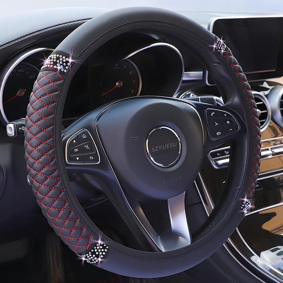 Bling Soft Leather Steering Wheel Cover 15 Inch with Sparkly Diamond Rhinestones for Women and Girls – Elastic Car Accessory for Most Cars (Red Line)