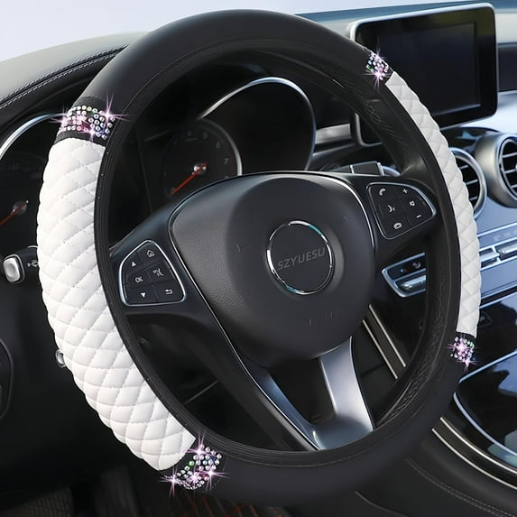 Bling Soft Leather Steering Wheel Cover 15 Inch with Sparkly Diamond Rhinestones for Women and Girls – Elastic Car Accessory for Most Cars (White)