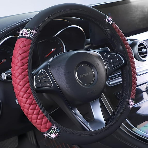 Bling Soft Leather Steering Wheel Cover 15 Inch with Sparkly Diamond Rhinestones for Women and Girls – Elastic Car Accessory for Most Cars (Wine Red)