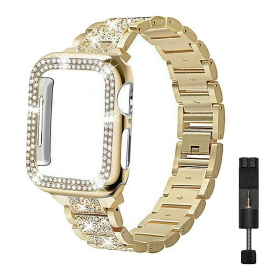 Pozyie for Apple Watch Band 38mm, Women's Rhinestone Stainless Steel Band with Sparkling Diamond Case, Compatible with iWatch SE Series, Gold