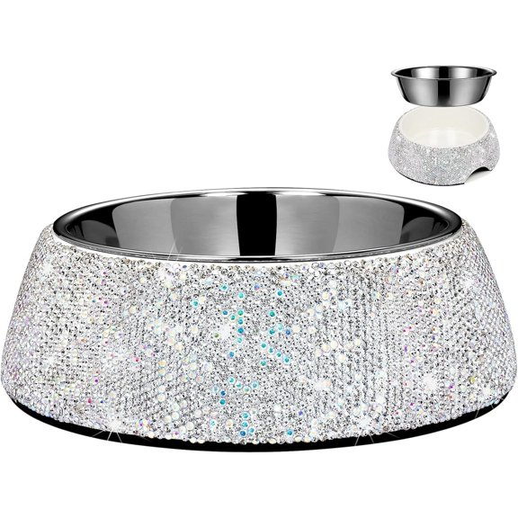 Bling Stainless Steel  Bowls,18oz Detachable Rhinestone Metal  Water Bowl for Feeding Dogs Cats,Rust Resistant Non-Slip Puppy Dish,Sparkle Essentials for Small Medium Large Girl Pets