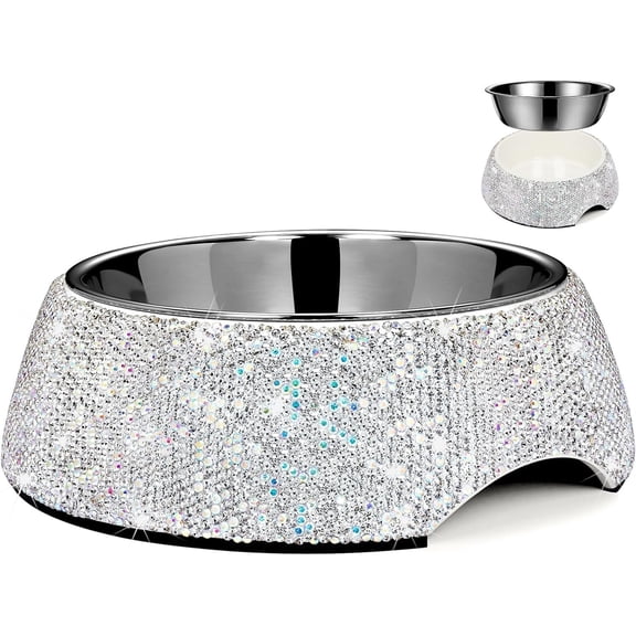Bling Stainless Steel Bowls,7oz Detachable Rhinestone Metal Water Bowl for Feeding Dogs Cats,Rust Resistant Non-Slip Puppy Dish with ,Sparkle Essentials for Small Girly Pets