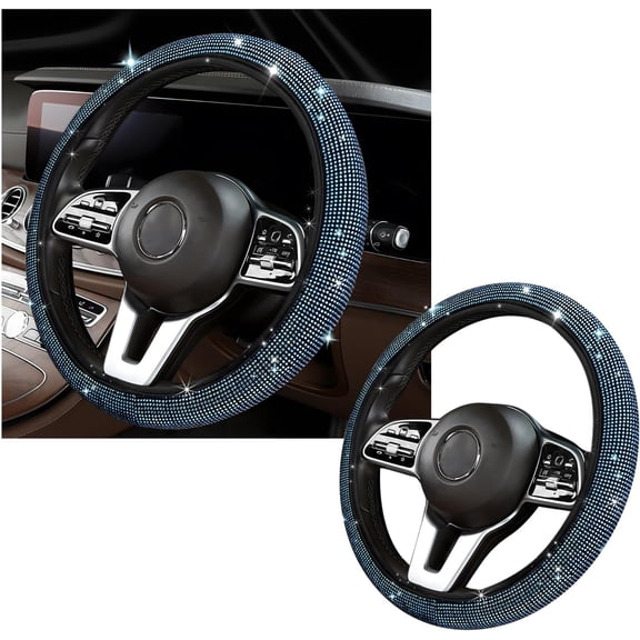 Bling Steering Wheel Cover, Crystal Diamond Steering Wheel Protector for Women Girls, 14-15 Inch Sparkling Rhinestone Decor Accessories, Universal Fit for Most Cars, SUVs, Vans (Light Blue)