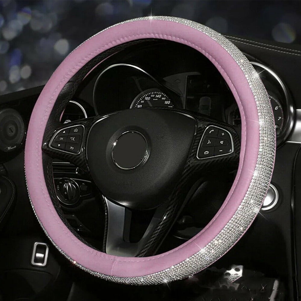Bling Steering Wheel Cover with Crystal Diamond, Universal Fit 15 Inch Car Steering Wheel Protector for Women Girls, Pink