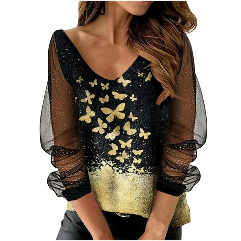 Bling Tops for Women Mesh Sequin Long Sleeve Shirts Casual V Neck Loose Sexy Party Tops Clubbing Outfits Walmart