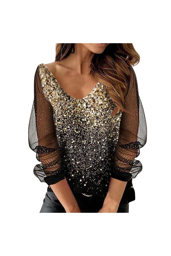 Bling Tops for Women Mesh Sequin Long Sleeve Shirts Casual V-Neck Loose Sexy Party Tops Clubbing Outfits