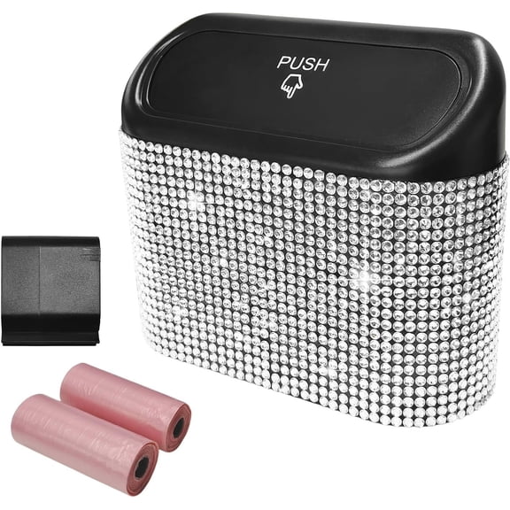 Bling Trash Can with Lid, Leakproof Mini Rhinestone Auto Garbage Bin with Trash Bags, Sparkling Garbage Container Interior Organizer for Office (White)