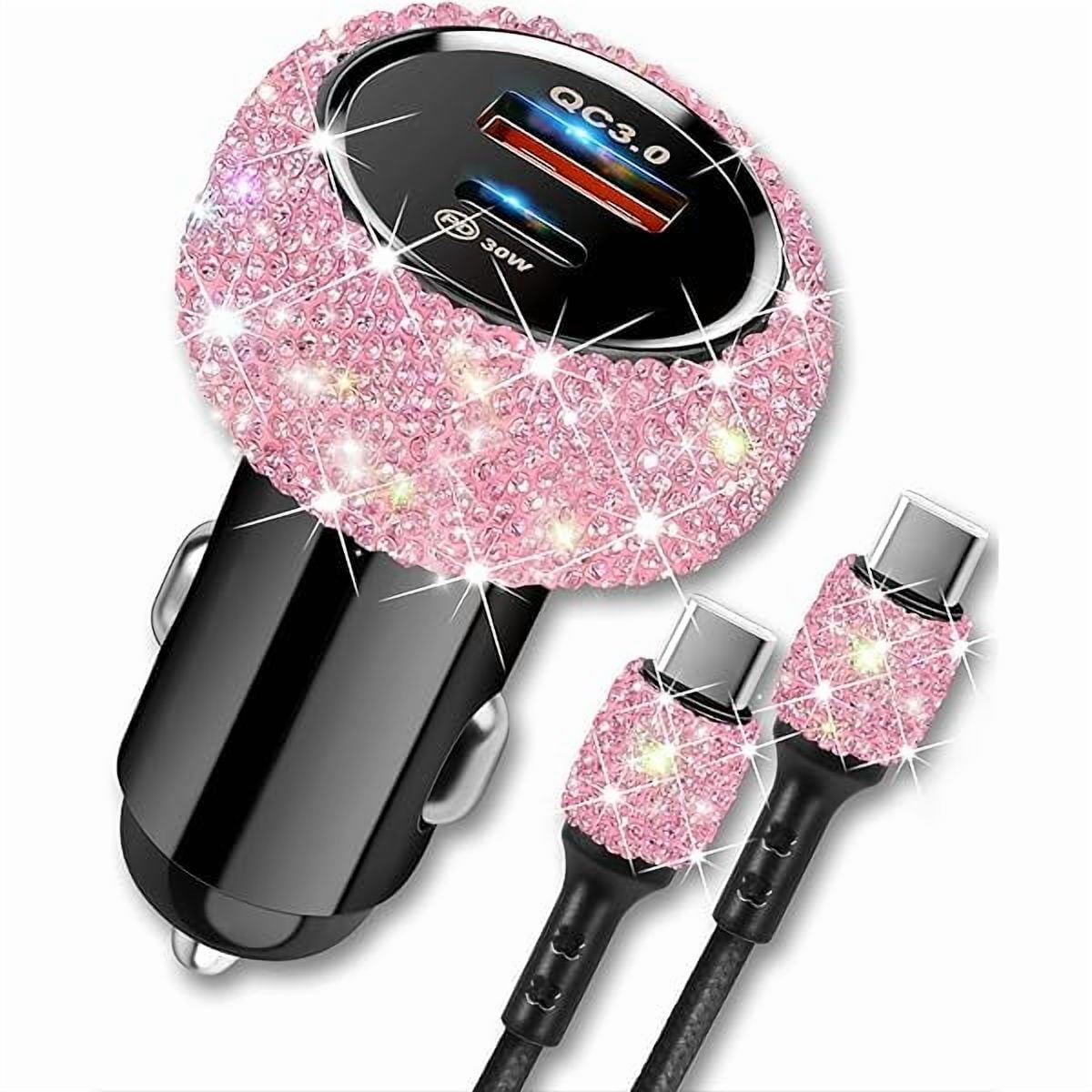 Bling USB C Car Charger, 48W PD QC Dual Port Fast Adapter with 3.2FT USB Type-C Charging Cable Compatible with iPhone 16 15 Pro Max iPad Samsung Galaxy Android(Pink)