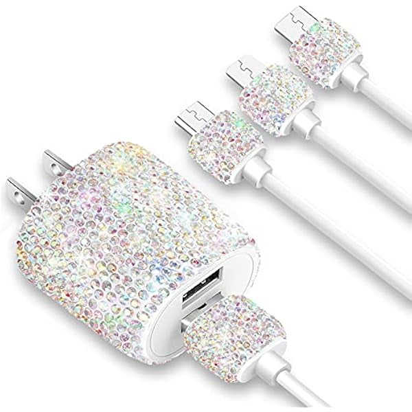 Bling USB Wall Charger with Charging Cable,Fast Block for iPhone Android,3 in 1 Multi Cable Micro USB Type C Multiple USB Cord with Crystal,Cell Phone Accessories for Women,Girls (Multicolor)