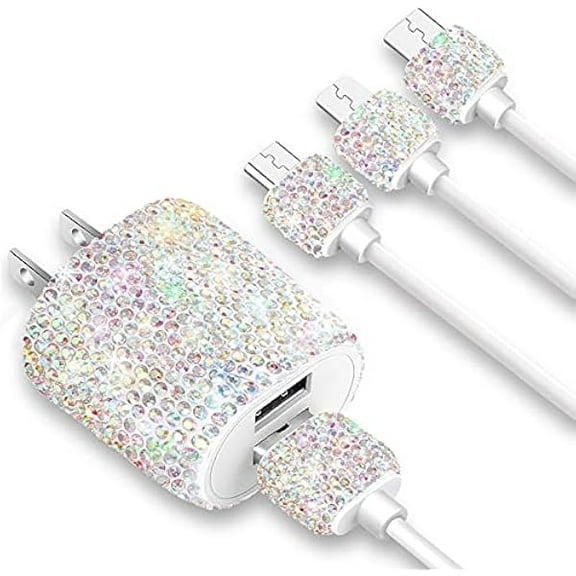 Bling USB Wall Charger with Charging Cable,Fast Block for iPhone Android,3 in 1 Multi Cable Micro USB Type C Multiple USB Cord with Crystal,Cell Phone Accessories for Women,Girls (Multicolor)