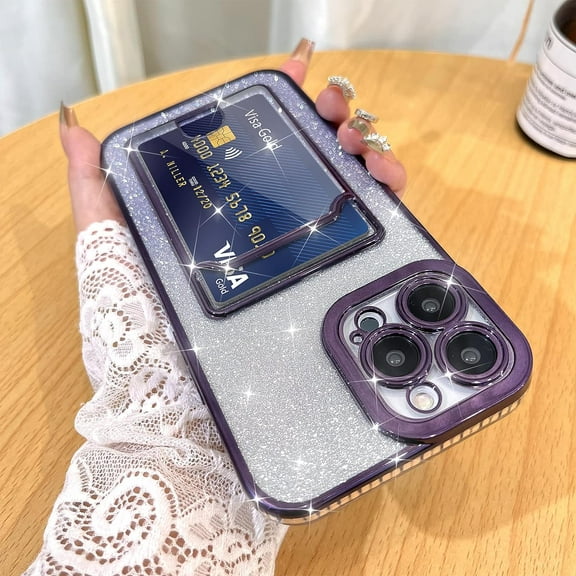 Bling Wallet for iPhone 12 Pro Max Case Plating, Glitter Gradient Card Holder Camera Protection Luxury Cover + 1* Screen Protector, Card Slot Case Elegant Phone Case -Purple