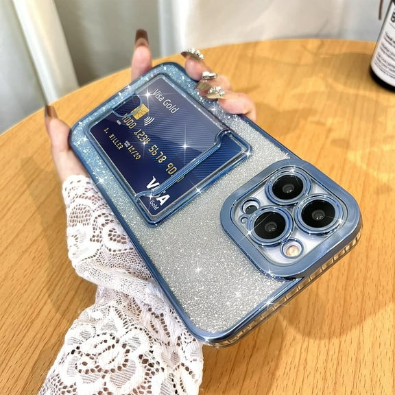 Bling Wallet for iPhone 13 Pro Max Case Plating, Glitter Gradient Card Holder Camera Protection Luxury Cover + 1* Screen Protector, Card Slot Case Elegant Phone Case -Blue