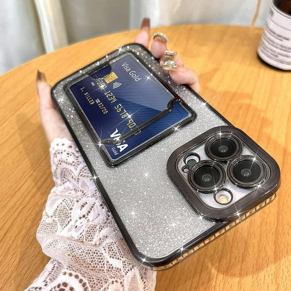 Bling Wallet for iPhone 14 Pro Max Case Plating, Glitter Gradient Card Holder Camera Protection Luxury Cover + 1* Screen Protector, Card Slot Case Elegant Phone Case -Black