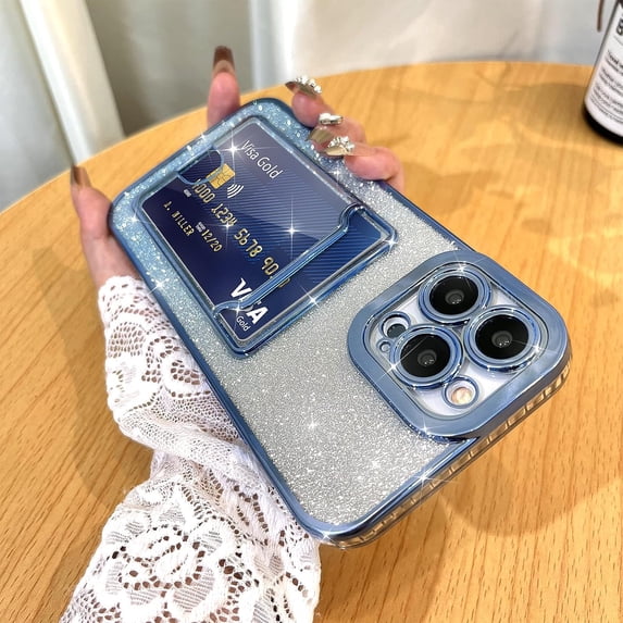 Bling Wallet for iPhone 14 Pro Max Case Plating, Glitter Gradient Card Holder Camera Protection Luxury Cover + 1* Screen Protector, Card Slot Case Elegant Phone Case -Blue