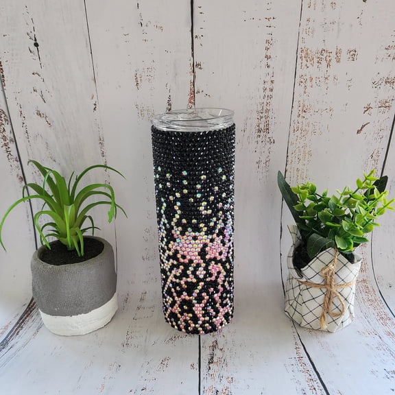 Bling cup/tumbler 20 oz. Lepoard style design. Pink and black, Rhinestone covered, handmade with glass and resin rhinestones