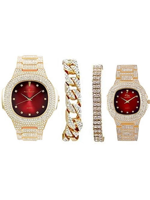 Bling'ed Out King and Queen Hip Hop Watch Set Perfect for Power Couples to Flaunt On and Off The Dance Floor - ST10325/ST10364 His&Hers (Gld Blood Red)