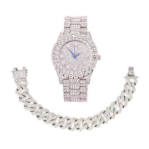 Bling'ed Out Mens Silver Watch on Blast w/Zig Zag Bling'ed Out Bracelet Set - New Cuban Z Links w/3 Row Diamonds on Each Side - ST102Series (ST10327 Silver w/Bracelet)