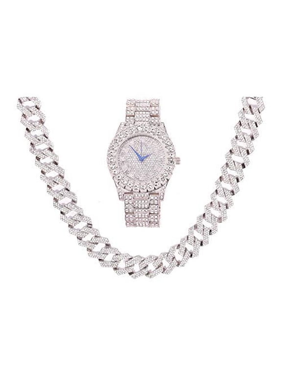 Bling'ed Out Mens Silver Watches on Blast w/Zig Zag Bling'ed Out Necklace Set - New Cuban Z Links w/3 Row Diamonds on Each Side - ST102Series (ST10327 Silver w/Necklace)