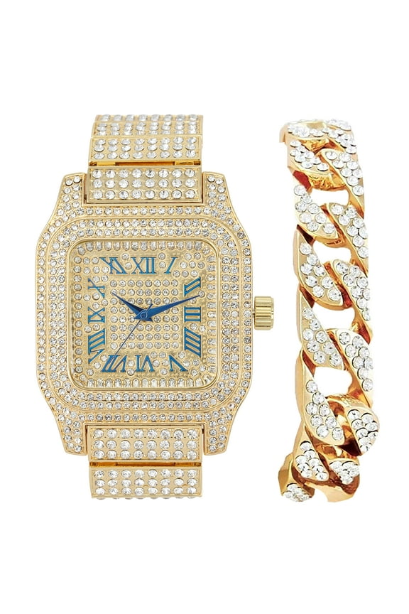 Bling-ed Out Biggie Square Iced Gold Hip Hop Watch You Will Hypnotize in a Flashy Way - 0513Sq (Gold Blue R# Cuban)