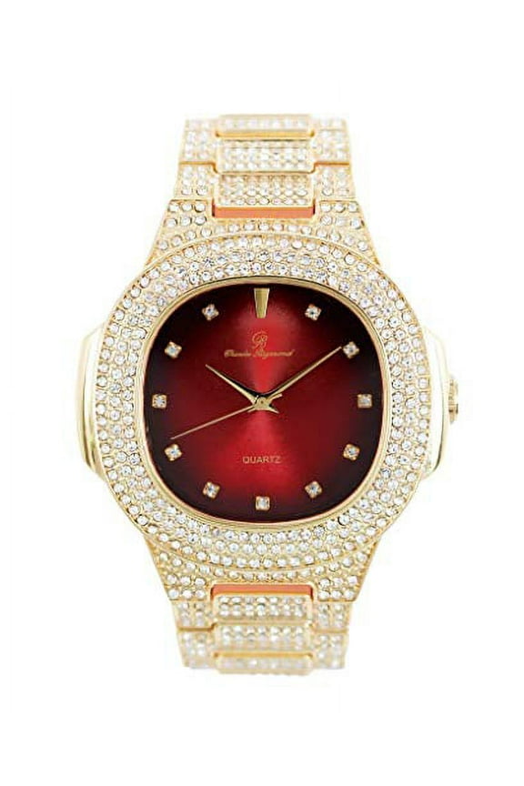 Bling-ed Out Blood Red Oblong Metal Mens Color on Blast Watch - 8475Color (Gold Blood Red)