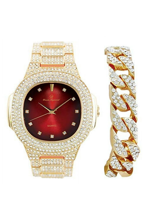 Bling-ed Out Blood Red Oblong Metal Mens Gold Watch with Bling'ed Out Cuban Bracelet - 8475C Gold Blood Red Dx Dial