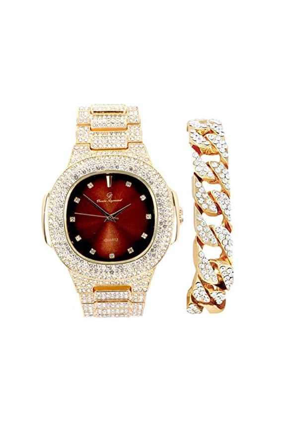 Bling-ed Out Cuban Bracelet with Oblong Iced Look Hip Hop Watch - 8475BC Cuban (Gold Coffee)