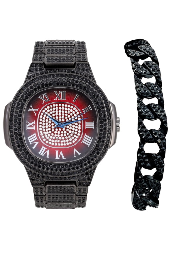 Bling-ed Out Cuban Bracelet with Oblong Iced Look Hip Hop Watch - 8475BC Cuban (ST10235SD Red Bottoms)