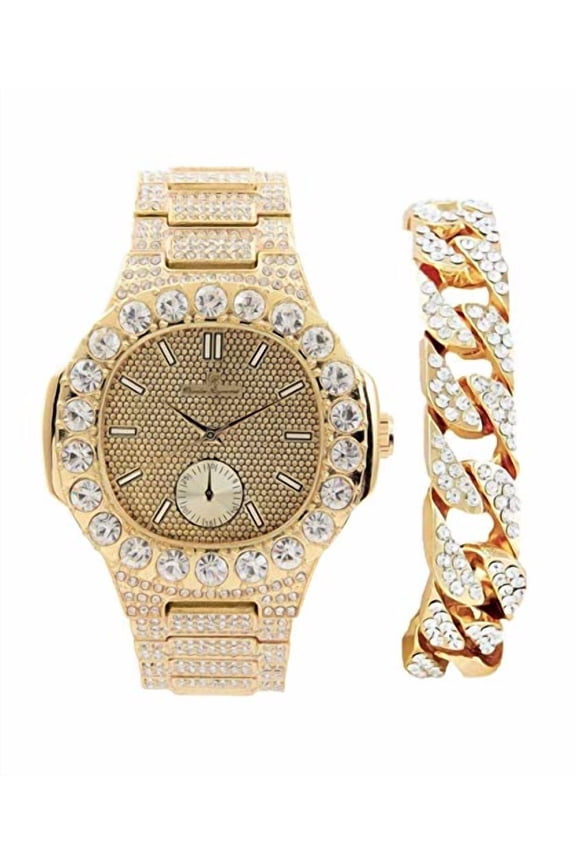 Bling-ed Out Cuban Bracelet with Oblong Iced Look Hip Hop Watch - 8475BC Cuban (ST10316BC Big Rock Gold)