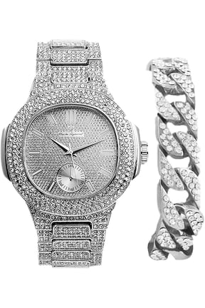 Bling-ed Out Cuban Bracelet with Oblong Iced Look Hip Hop Watch - ST10235 DX CB