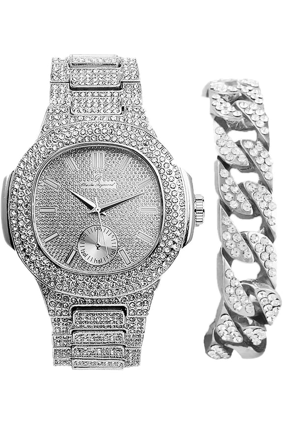 Bling-ed Out Cuban Bracelet with Oblong Iced Look Hip Hop Watch - ST10235 DX CB